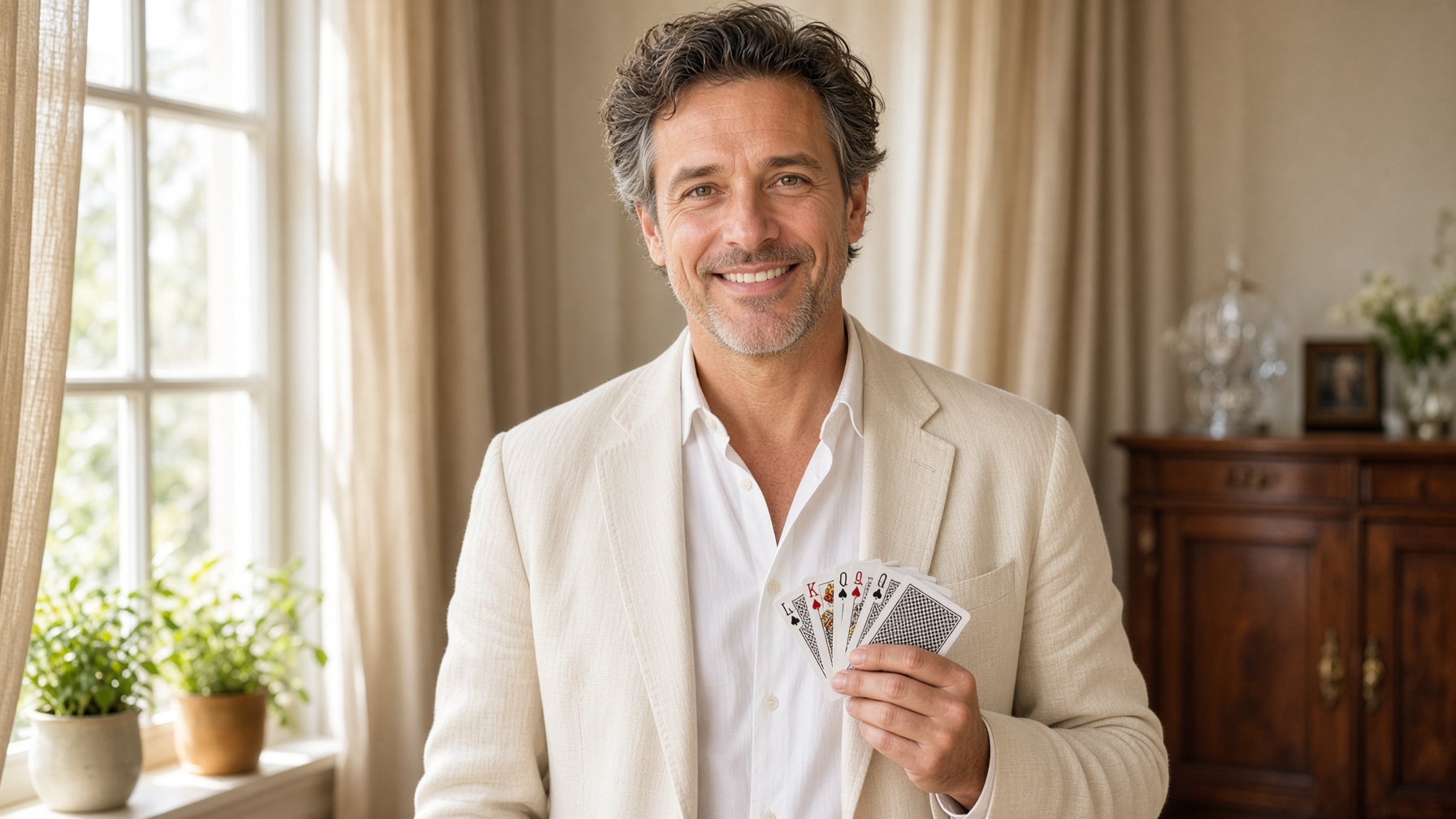 A magician in a sunlit parlor